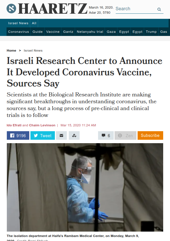 Haaretz - Israeli Research Announces Coronavirus Vaccine